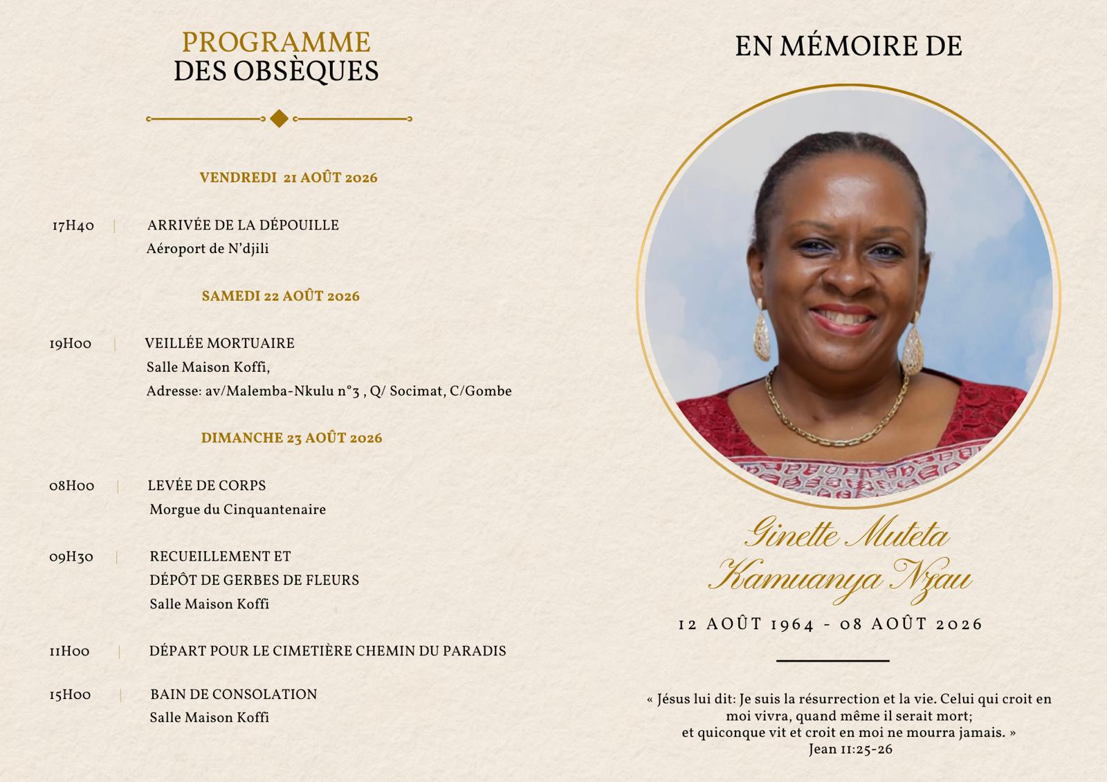 Funeral Programme of Ginette Muteta Kamwanya N’Nzau